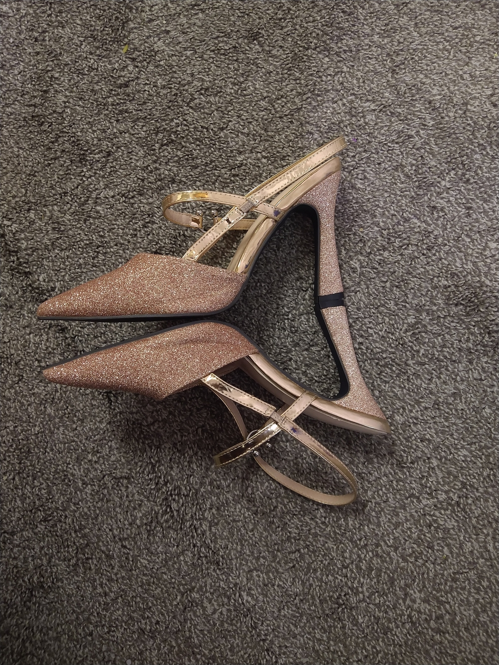Pointed-Toe Glitter Slingback Heels in Rose Gold